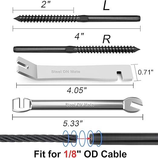 Steel DN Mate 100 Pack Black T316 Stainless Steel Left&Right Handed Thread Swage Lag Screws for Wood Post of 1/8" Black Cable Railing Kit, Deck Stair Railing, DIY Baluster kit, Wrench Included DM45