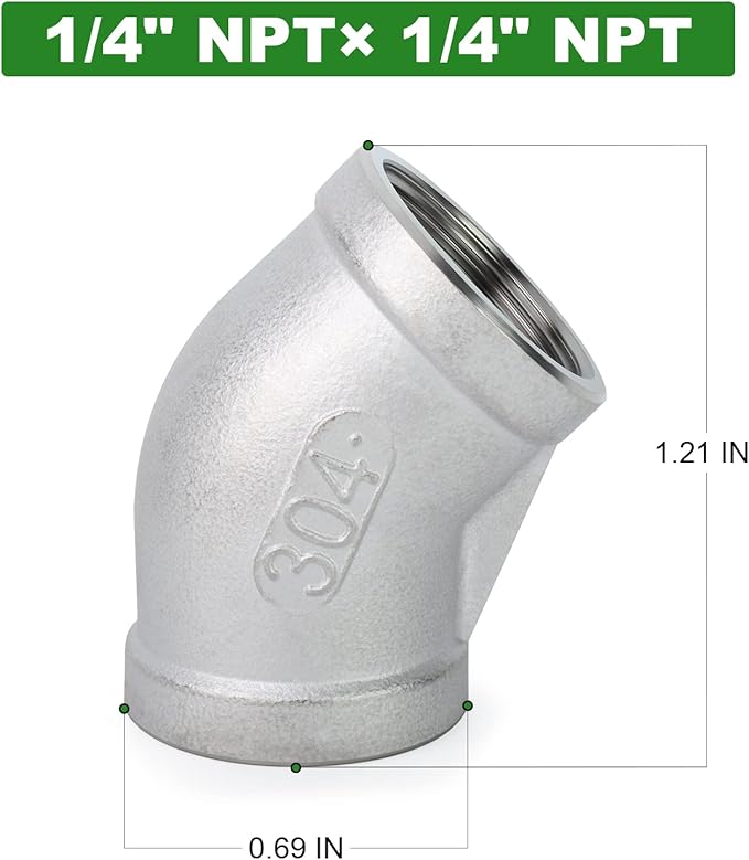 TAISHER 5PCS 304 Stainless Steel 45 Degree elbow,1/4 Inch NPT Female Pipe to 1/4 Inch NPT Female 304 Stainless Pipe Fitting