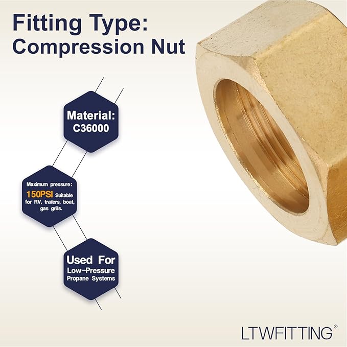 LTWFITTING 7/8-Inch Brass Compression Nut,Brass Compression Fitting(Pack of 200)