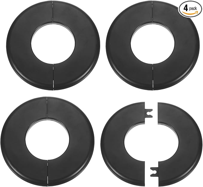 HARFINGTON 4pcs Wall Split Flange 51mm/2" Self-Adhesive Plumbing Cover Plates ABS Plastic Round Escutcheon Plate Buckle Design for Water Pipe Bathroom Kitchen Decoration, Black