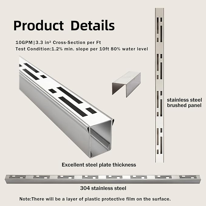 Pool Deck Drain Channel, 2.3" W x 19.6' L, 304 Stainless Steel Channel Drain Outdoor, Deck Drainage System with Coupling, Trench Drain System for Pool Decks, Patios,Walkways, Courtyards, Paver.