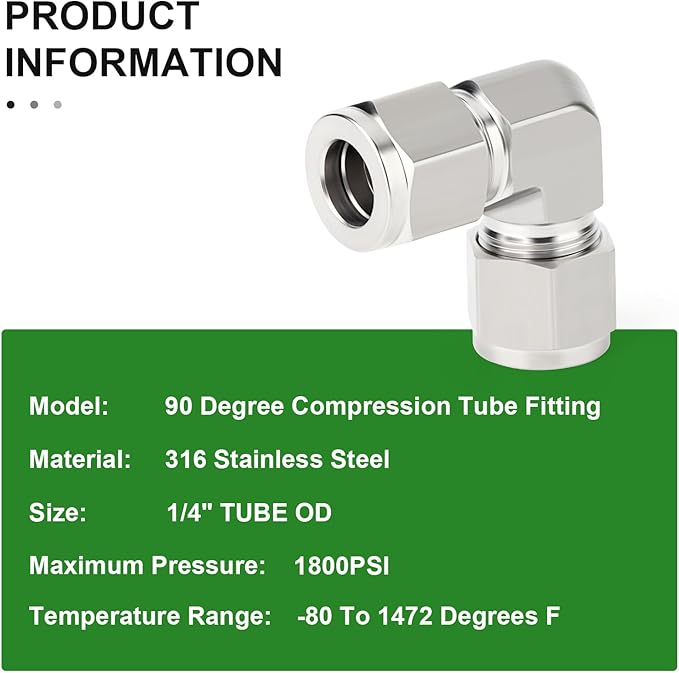 TAISHER 1PCS 316 Stainless Steel 90 Degree Compression Tube Pipe Fitting Connector, 1/4" Tube OD x 1/4" Tube OD Adapter
