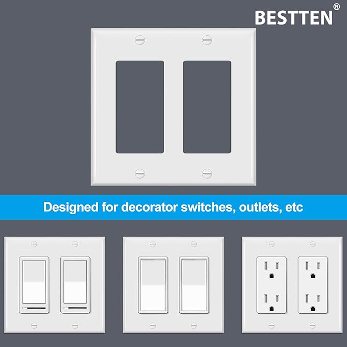 [10 Pack] BESTTEN Decorator Wall Plate, 2 Gang Standard Size Outlet Cover for GFCI and USB Receptacles, H4.53” x W4.57”, Unbreakable Polycarbonate Material, UL Listed, White