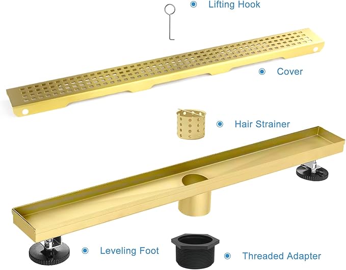 Linear Shower Drain, 60 inch Gold Drain with Removable Grate Cover, Brushed 304 Stainless Steel Shower Floor Drain, Linear Drain with Hair Strainer and Adjustable Feet