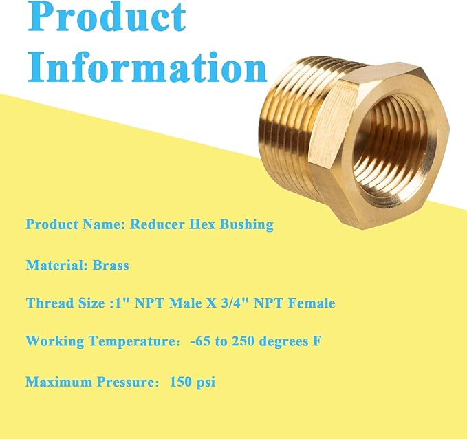 2 PCS Brass Reducer Hex Bushing Threaded Pipe Fitting 1" NPT Male x 3/4" NPT Heavy Duty Brass Fitting Pipe Hose Tube Adapter Convert