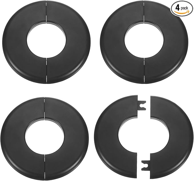 HARFINGTON 4pcs Wall Split Flange 44mm/1.7" Self-Adhesive Plumbing Cover Plates ABS Plastic Round Escutcheon Plate Buckle Design for Water Pipe Bathroom Kitchen Decoration, Black