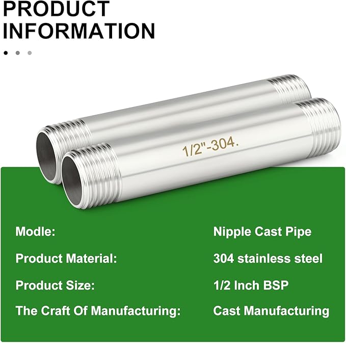 TAISHER 2PCS Stainless Steel Pipe Fittings, 1/2" BSP Male x 1/2" BSP Male Threaded, 4" Length Nipple Cast Pipe