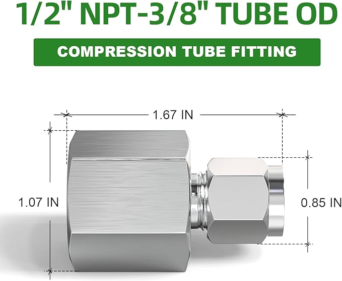 TAISHER 2PCS 304 Stainless Steel Compression Tube Pipe Fitting Connector, 3/8" Tube OD x 1/2" NPT Female Straight Adapter