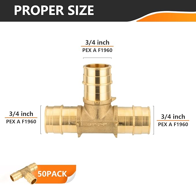 50-Pack HeSun 3/4 Inch Brass PEX-A Expansion Fitting Tee, 3/4"x3/4"x3/4" PEX-A Tee, ASTM F1960(PEX1960043-50)
