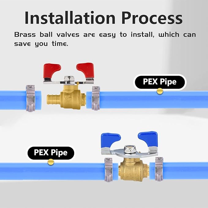 10PCS Foskan 1/2" PEX Crimp Ball Valve, Brass Full Port Shut-off Valve with Blue/Red Butterfly Handle for Portable Water Poject