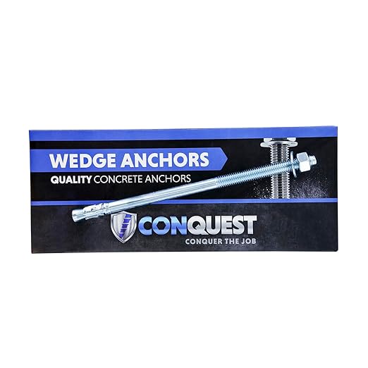 Conquest 1/2" x 10" Zinc Plated Wedge Anchors (Box of 25) – High Performance Concrete Anchors – Rust Resistant Zinc Plating for Dry Interior Environments – Heavy Duty Fastener for Concrete