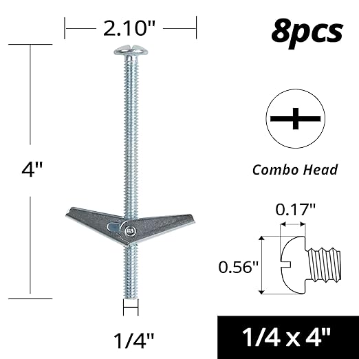 HASWARE Toggle Bolt Zinc Plated Steel and Wing Nut for Hanging Heavy Items on Drywall 1/4x4 (8 Pack)