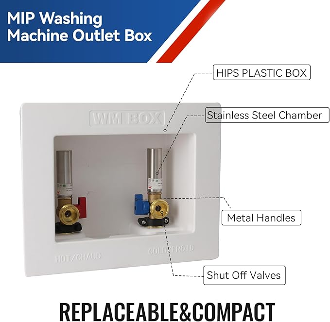 Washing Machine Outlet Box with Water Hammer Arrestor,1/2 Inch Sweat MIPInlet Connection,3/4 Inch MHT Outlet Male Thread Connection, PEX Box with Center Drain with 1/4-Turn Ball Valve