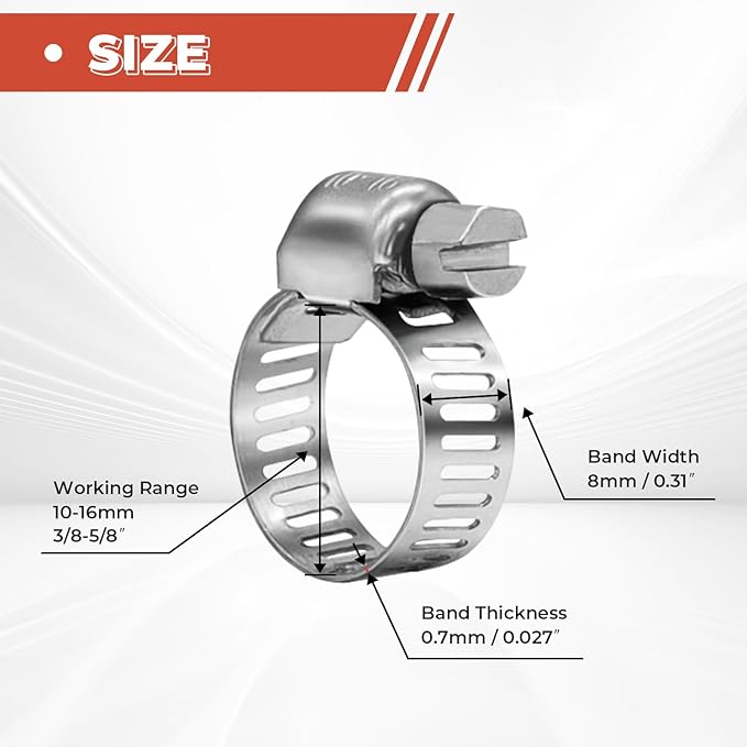 24 Pack 3/8" - 5/8" Worm Gear Hose Clamps, Adjustable Range 10-16mm 304 Stainless Steel Fuel Line Hose Clamps for Pipe, Plumbing, Automotive and Mechanical Application