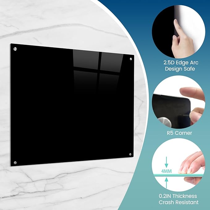 Magnetic Glass Black Board 48"x36" Glass Dry Erase Blackboard Tempered Glass Whiteboard Wall Mounted for Office School Home (Black)