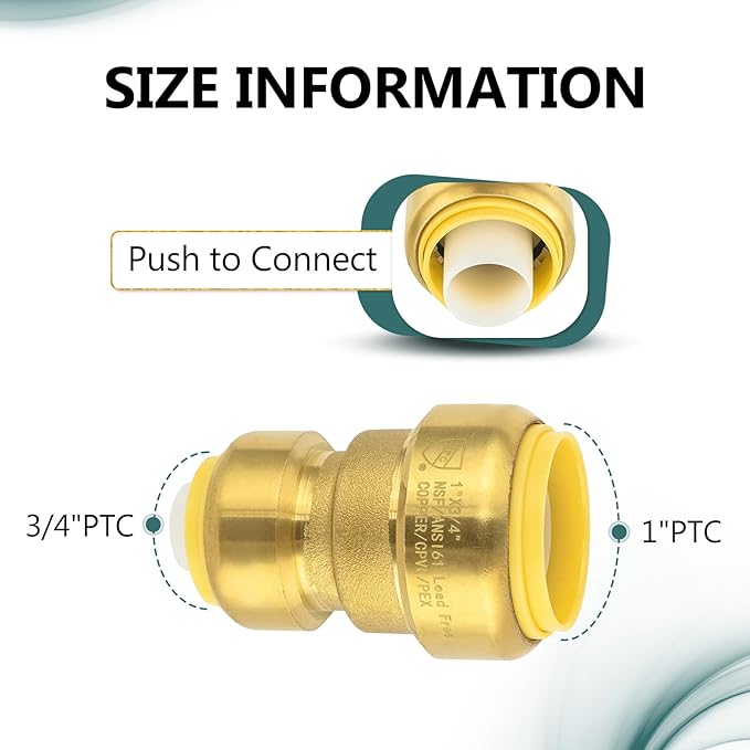 (Pack of 100) Niikappu 1" x 3/4" Reducing Coupling Brass Fittings, Push-to-Connect Plumbing Fitting for Pex, Copper, CPVC, Includes Removal Clip(PF144-100Pack)
