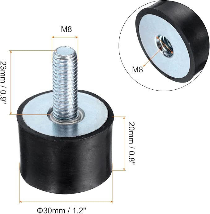 uxcell 8pcs M8x23mm Rubber Isolator Mounts with Studs 30x20mm Male Female Vibration Shock Absorber Zinc Plated Cylindrical Thread Mounts Anti Vibration Isolators with 8pcs M8 Lock Nuts