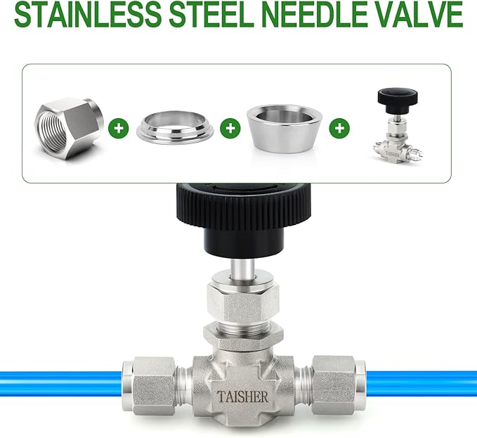 TAISHER 1PCS 316 Stainless Steel Compression Tube Straight Needle Valve 1/8" Tube OD x 1/8" Tube OD For Flow Control Water Gas Oil
