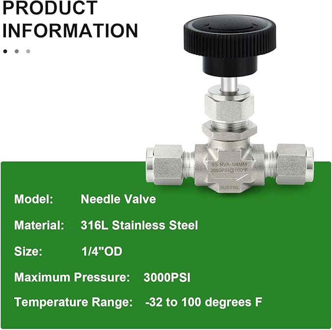 TAISHER 1PCS 316 Stainless Steel Compression Tube Straight Needle Valve 1/4" Tube OD x 1/4" Tube OD For Flow Control Water Gas Oil