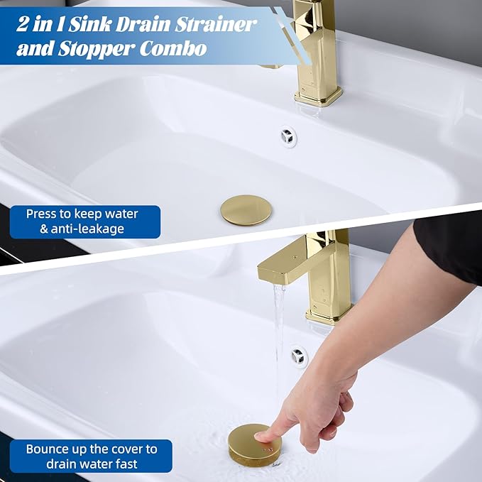Hibbent 2 Pack All Metal Bathroom Sink Stopper, Universal Pop Up Drain Strainer, Brass Bullet Core Push Type Sink Stopper for 1.1''~2.3'' Basin, Big Push Button, Anti Clogging Filter, Brushed Gold