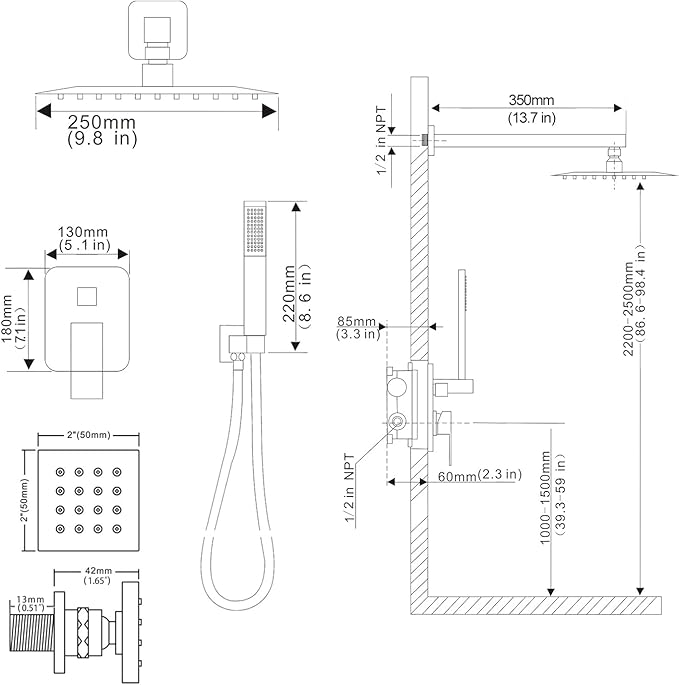 Matte Black Shower Faucet Set with Body Jets 10 Inch Matte Black Shower Head Handheld Shower Combo Set High Pressure Wall Mount with Rough-in Valve