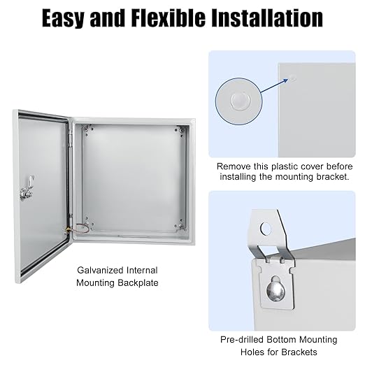 LeMotech Electrical Box 16 x 16 x 6 inch Steel Enclosure, IP66 Waterproof Dustproof Junction Box Wall-Mounted for Outdoor/Indoor Lockable with Equipment Mounting Plate