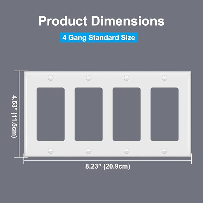 [2 Pack] BESTTEN 4 Gang Decor Wall Plate, Standard Size Unbreakable Polycarbonate Outlet and Switch Cover, H4.53” x W8.23”, UL Listed, White
