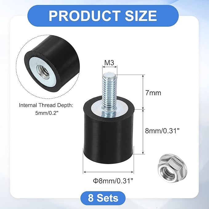 uxcell M3 Rubber Mounts, 8Pcs 10x10mm(DxH) Rubber Cylindrical Anti Vibration Isolator Shock Absorber with Lock Nut for Car Bobbin Generator Air Compressors
