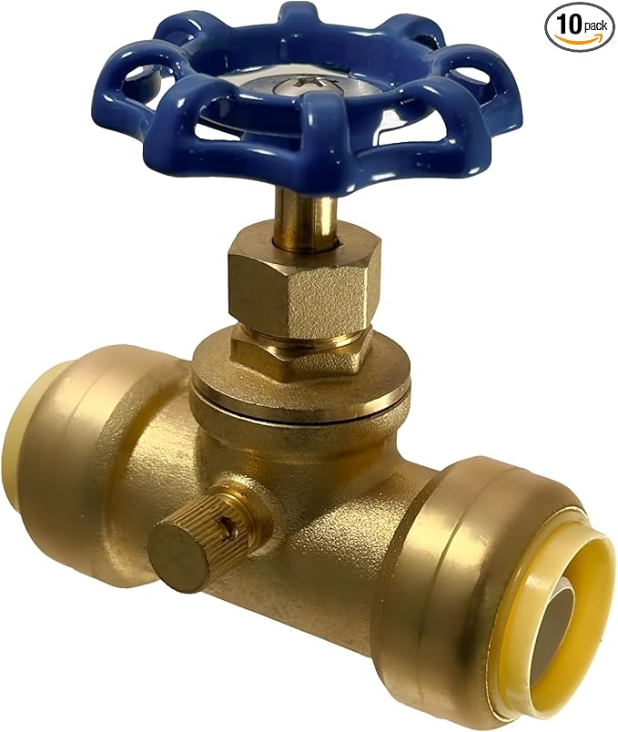 XFITTING 3/4 inch Push Fit Stop Valve with Drain and Vent, Push to Connect Brass Plumbing Fitting, Pex Pipe, Copper, CPVC, PE-RT, HDPE, 2-5-2=10, 10 Pieces