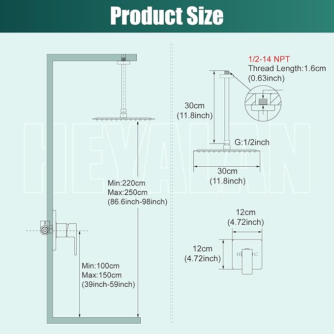 Heyalan Shower Faucet Set Square Stainless Steel Bathroom Rainfall Shower System One Handle Single Function Shower Trim Kit with Rough-in Valve Male Thread,Ceiling Mount,12 Inch,Matte Black