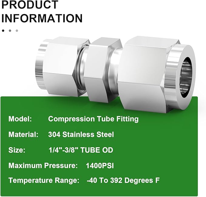 TAISHER 5PCS 304 Stainless Steel Compression Tube Pipe Fitting Connector, 3/8" Tube OD x 1/4" Tube OD Straight Adapter