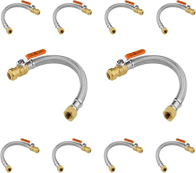 (10 Pack) Seelink 18-Inch Stainless Steel Flexible Heater Hose, 3/4 Inch Push-fit Ball Valve x 3/4 Inch FIP, Push-to-Connect for Copper, PEX, and CPVC
