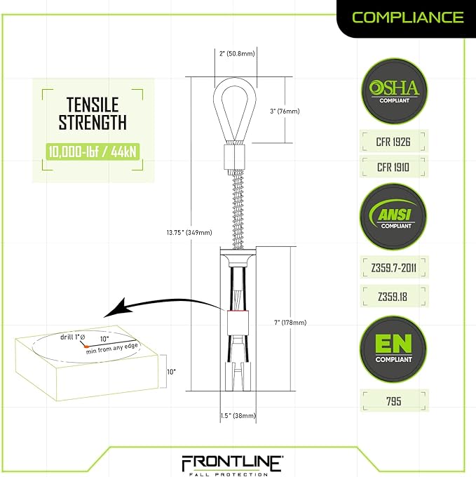 Frontline COB110K Reusable 10K Concrete Anchor Bolt | Removable Trigger Anchor | ANSI, OSHA & EN Compliant | Built Tough, Rugged and Corrosion Resistant