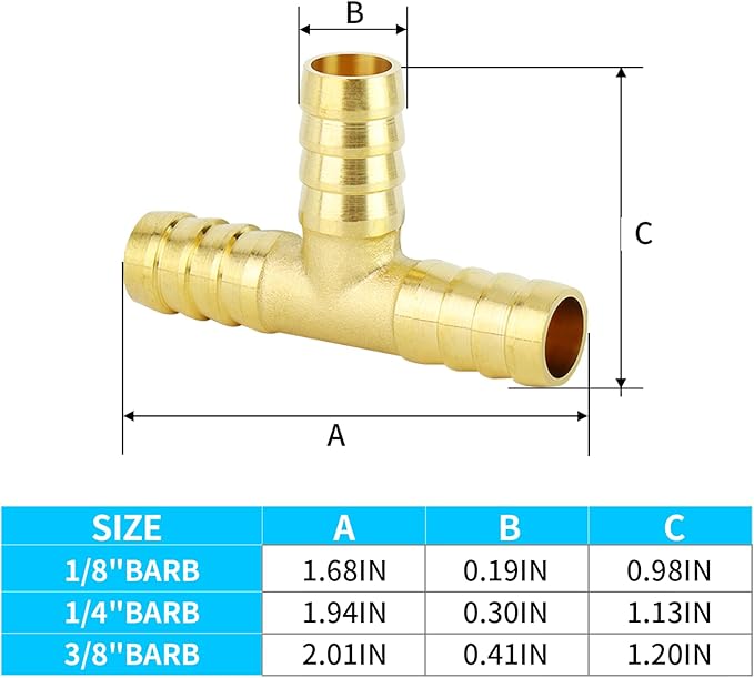 ChillWaves Brass Hose Barb Fittings, Tee 3 way Union Intersection/Splitter Fitting 1/8" Barb x 1/8" Barb x 1/8" Barb For Water/Fuel/Air(6-PACK)