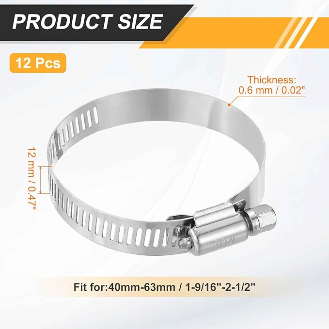 HARFINGTON 12 Pcs Hose Clamp 1-9/16"-2-1/2" (40-63mm) 304 Stainless Steel Adjustable Worm Gear Hose Clamp with Phillips Screw Assortment Kit for Fuel Line Pipe Plumbing Automotive Tube