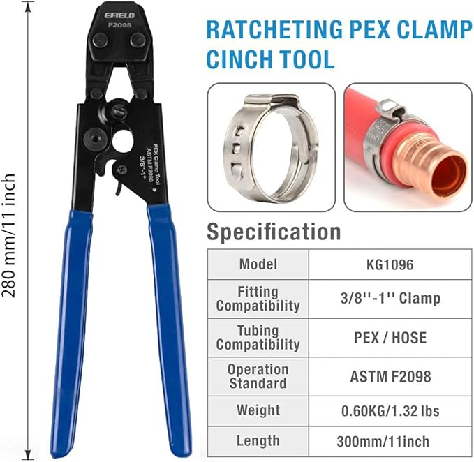 EFIELD Heavy-Duty Canvas Bag/Pex Cinch Clamp Crimping Tool for Stainless Steel Clamps from 3/8" to 1" with Pipe Cutter 20pcs 1/2", 10 pcs 3/4" Clamps Suit US F2098 Standards,(TOOL005)