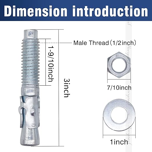 1/2" x 3" Wedge Anchor, for Cement and Concrete only, zinc-Plated Carbon Steel Screws and lag Bolts （30 pcs