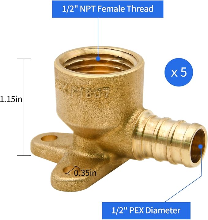 5 Pack Drop Ear Elbow Fittings, PEX 1/2" x 1/2" NPT Female Threaded Adapter Crimp Fitting, Brass, Full Port for PEX pipes in plumbing jobs