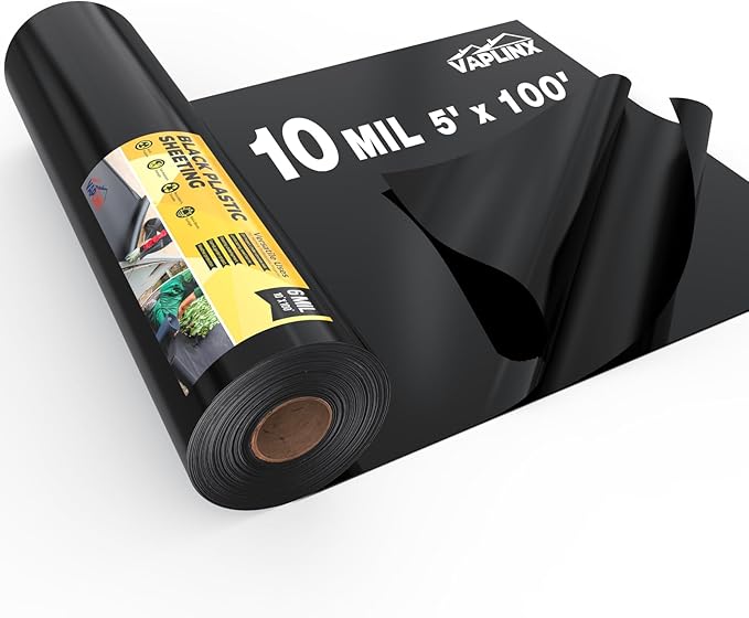 10 Mil Black Plastic Sheeting 5x100 FT – Heavy Duty Polyethylene Plastic Rolls for Garden, Black Plastic Rolls for Crawl Space Vapor Barrier, Construction, Landscaping, Weed and Moisture Control