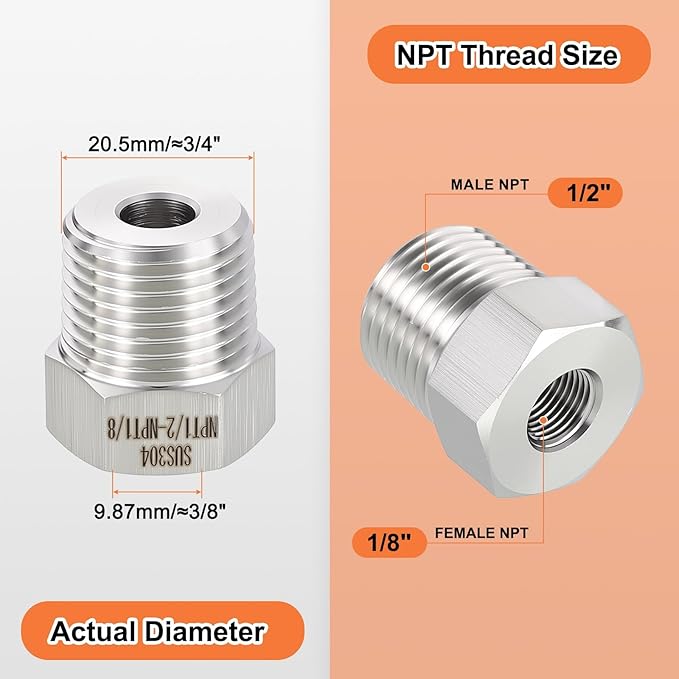 1 Pack 304 Stainless Steel Male to FeMale Adapter, 1/2" Male NPT x 1/8" FeMale NPT Hex Bushing Reducer for Industrial, Automotive, Fluid Transfer, Home Gardening, Water Treatment