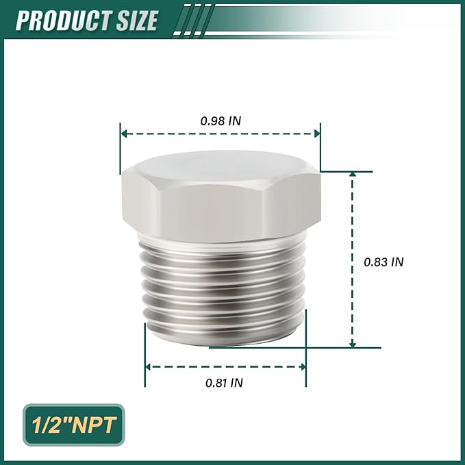 5PCS Stainless Steel Outer Hex Thread Socket Pipe Plug Fitting, 1/2" NPT Male, for Blocking or Sealing Holes in Pipes or Devices