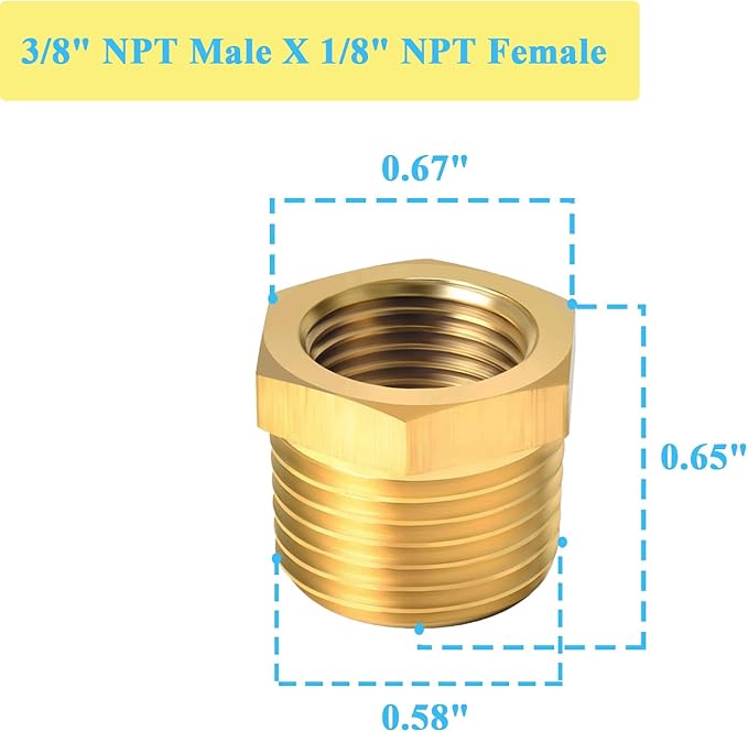 10 PCS Brass Reducer Hex Bushing Threaded Pipe Fitting 3/8" NPT Male x 1/8" NPT Heavy Duty Brass Fitting Pipe Hose Tube Adapter Convert