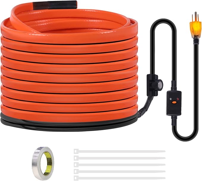 100FT Heat Tape for Water Pipes Freeze Protection IP65 Waterproof 7W/FT 110V BDDFOTO Heat Cable With GFCI Protection and Thermostat,Self-Regulating Pipe Heater for Roof/RV/Water Storage Tank