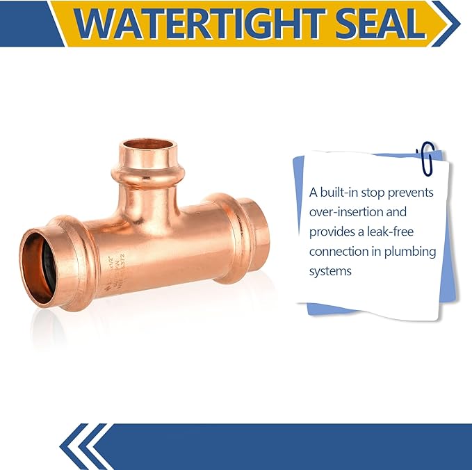 50-Pack GUOFIS Copper Press Tee,3/4" x 3/4"x 1/2" Tee Fittings for Copper Tube Connection with Stop(PRESS018-50Pack)
