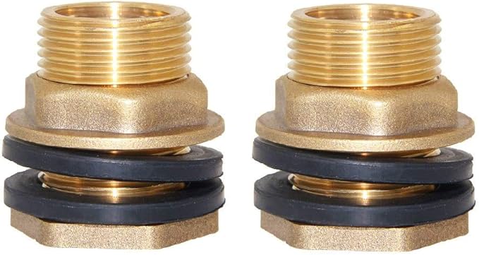 Joywayus 2pcs 3/4" Female 1" Male Soild Brass Water Tank Connector Bulkhead Tank Fitting With 2 Rubber Ring Stablizing