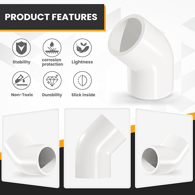 2" 10 Pcs 45° Elbow Pipe Fittings (Socket x Socket), Heavy Duty 2 Way Right Angle Pipe Fitting for DIY Creations, Schedule 40 PVC Coupling Adapter.