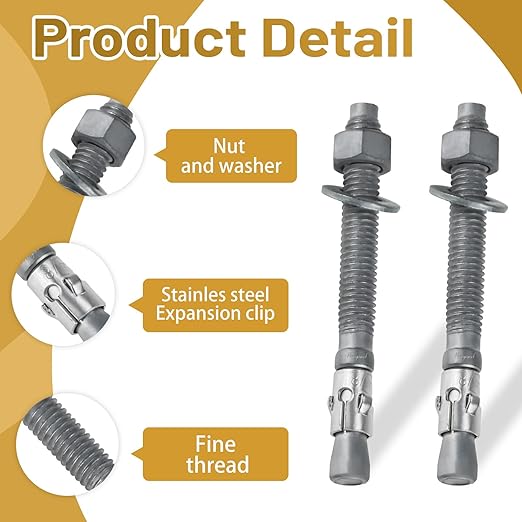 3/8 x 3-3/4 inch Wedge Concrete Anchors kit Galvanized Carbon Steel, Expansion Screw Bolt Heavy Duty Fasteners for Masonry Concrete (Pack of 10)