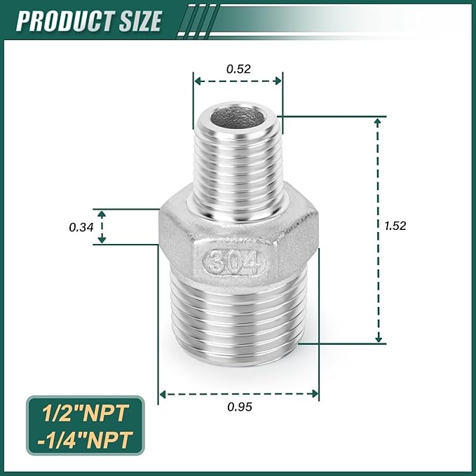 5PCS 304 Stainless Steel Reducing Hex Nipple, 1/2" x 1/4" Male NPT Straight Head Pipe Adapter Fittings, Reducer Nipples Connectors for Oil, Water Line, Gas