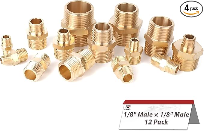 Hex Couplings, 1/8" NPT Male To Male Brass Hex Nipple Adapters, Brass Pipe Extension Fittings for Oil/Air/Water/Gas Systems. (4 Pack)