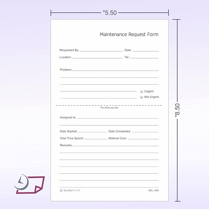 NextDayLabels - Maintenance Request Forms, 2 Part NCR Carbonless, 5-1/2" x 8-1/2" - 100 Sets - Made in The USA